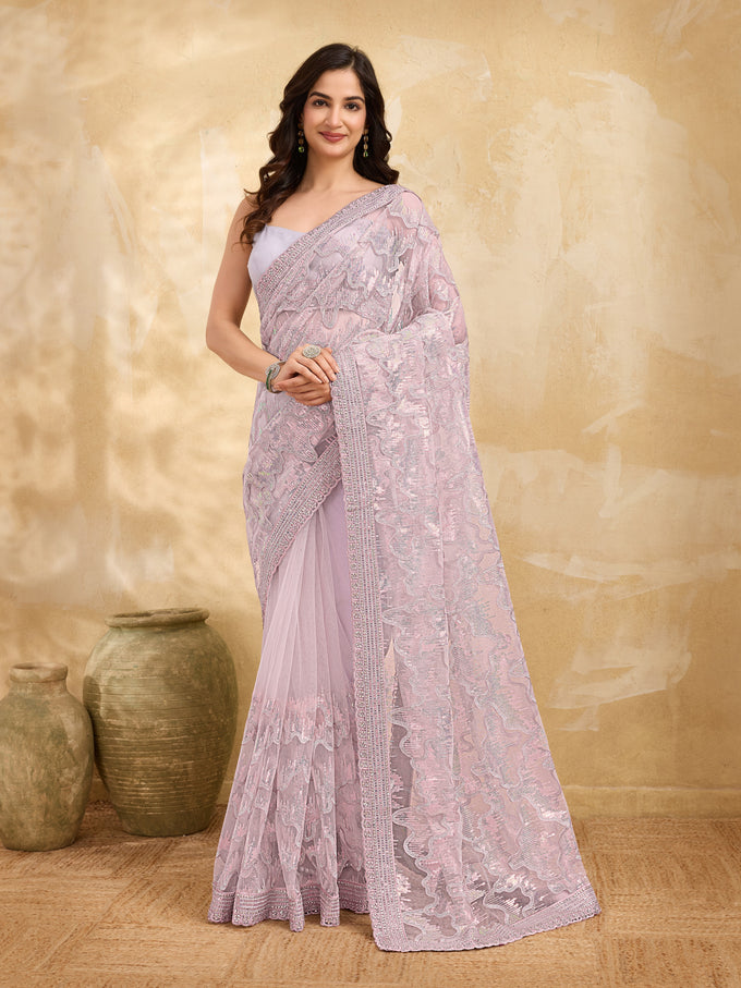 Women's Net Embroidery Stone, Sequin Work Saree with Unstitch Blouse Piece