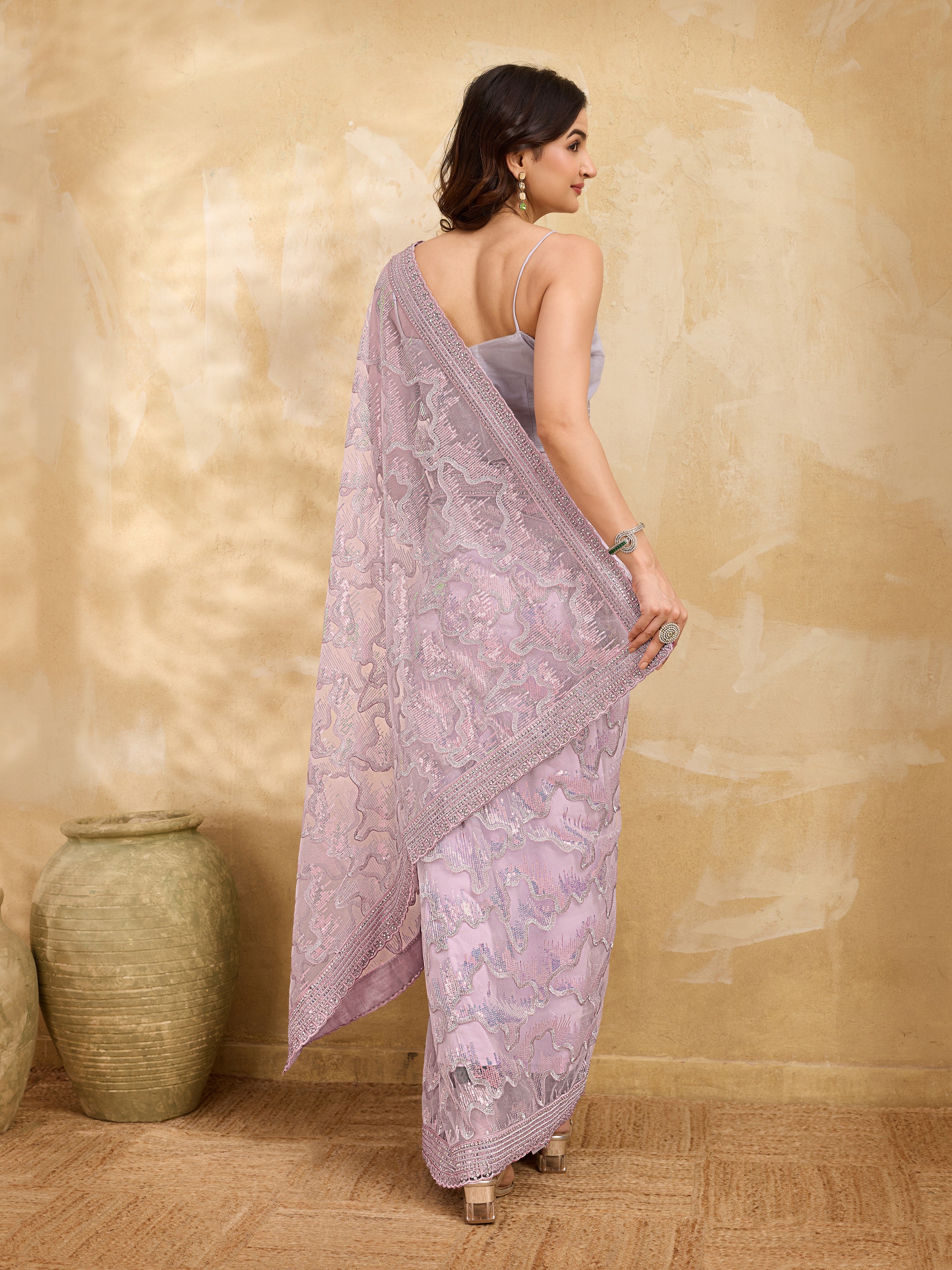Women's Net Embroidery Stone, Sequin Work Saree with Unstitch Blouse Piece