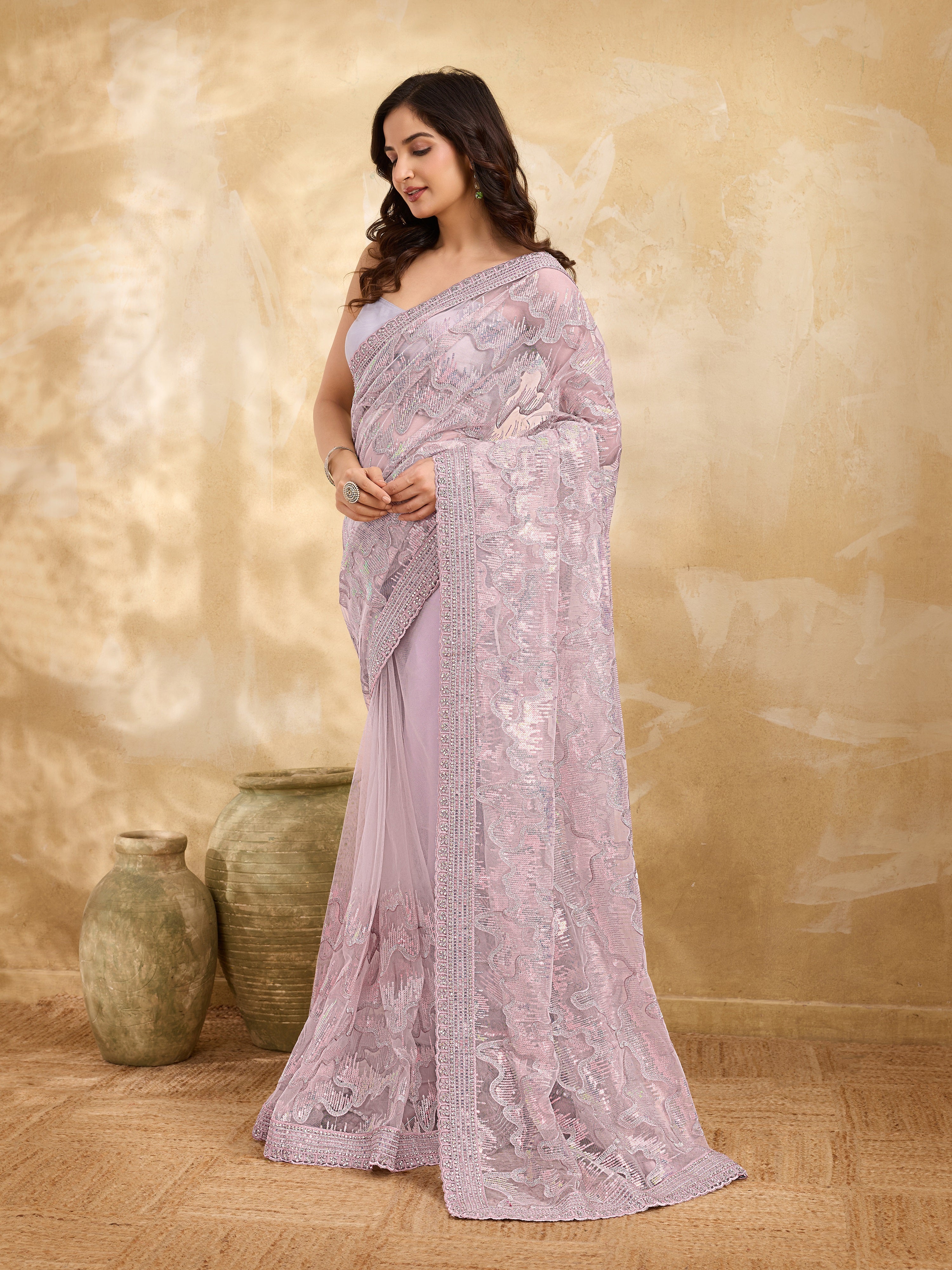 Women's Net Embroidery Stone, Sequin Work Saree with Unstitch Blouse Piece
