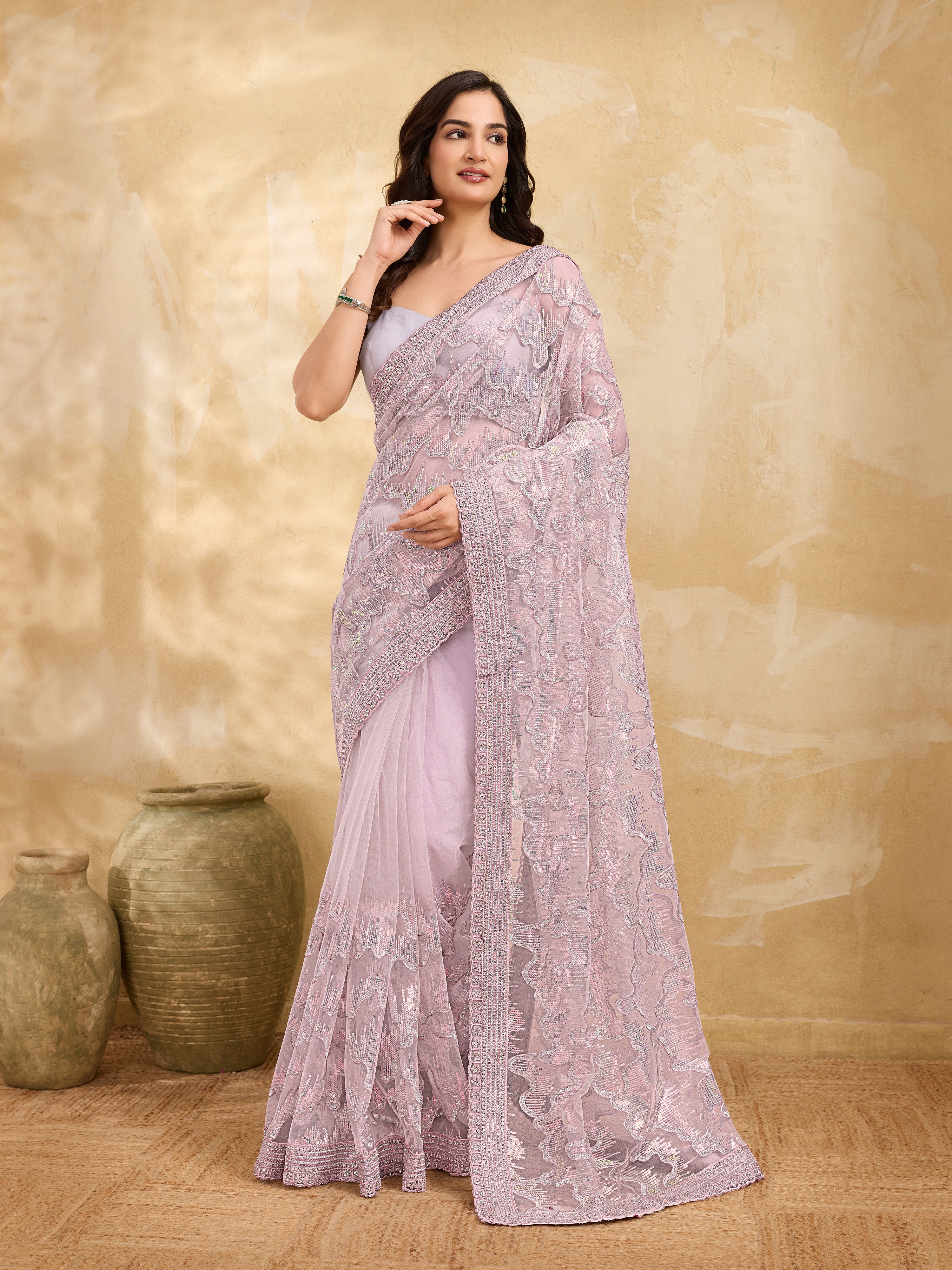 Women's Net Embroidery Stone, Sequin Work Saree with Unstitch Blouse Piece