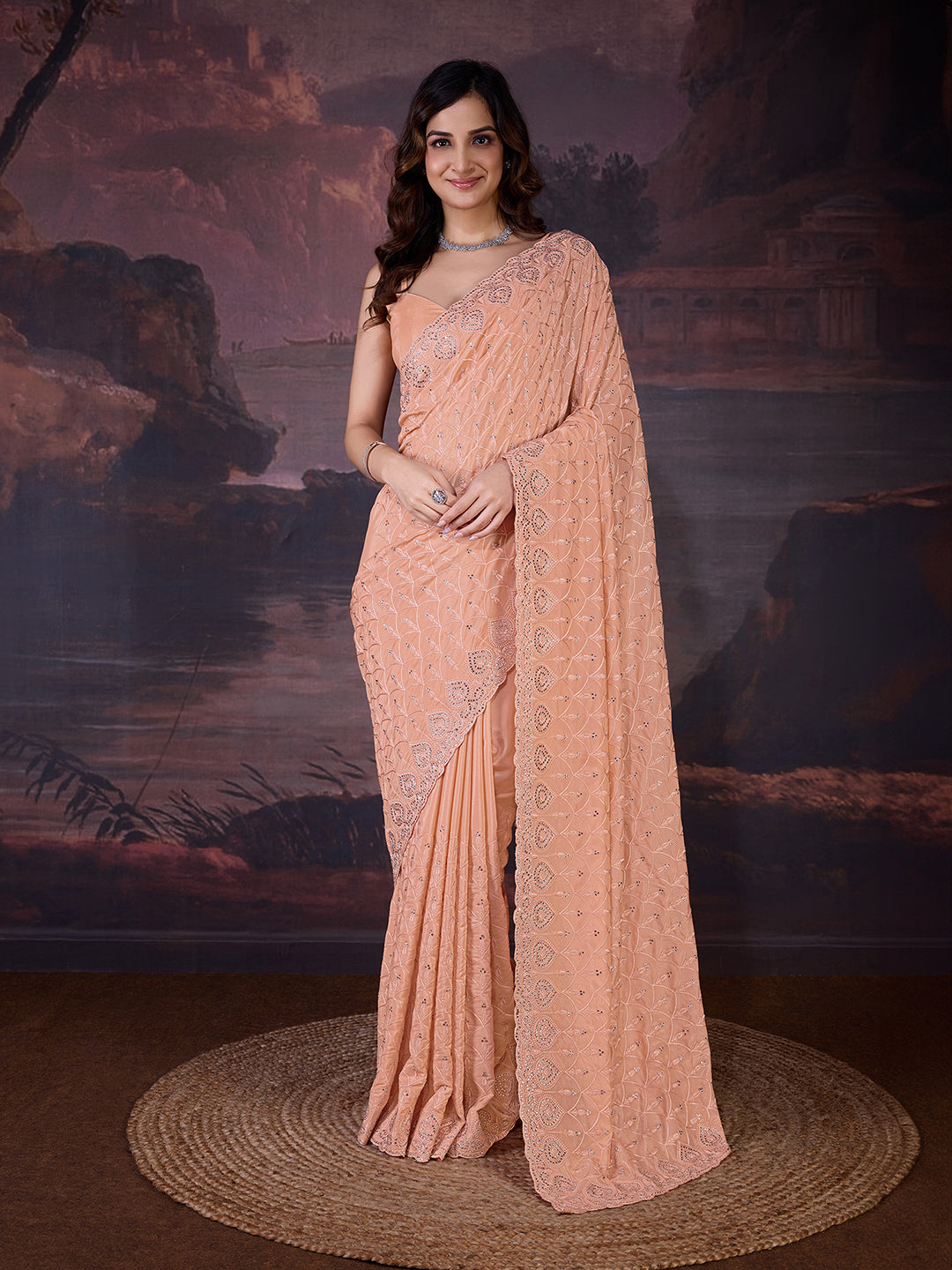 Women's Orange Silk Embroidery Zarkan Work Saree with Unstitch Blouse Piece Trendmalls