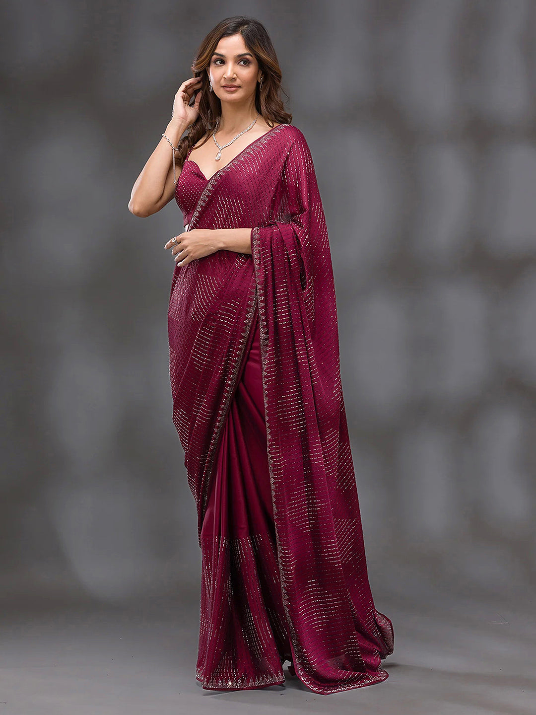 Women's Red Silk Siroski Work Saree with Unstitch Blouse Piece Trendmalls