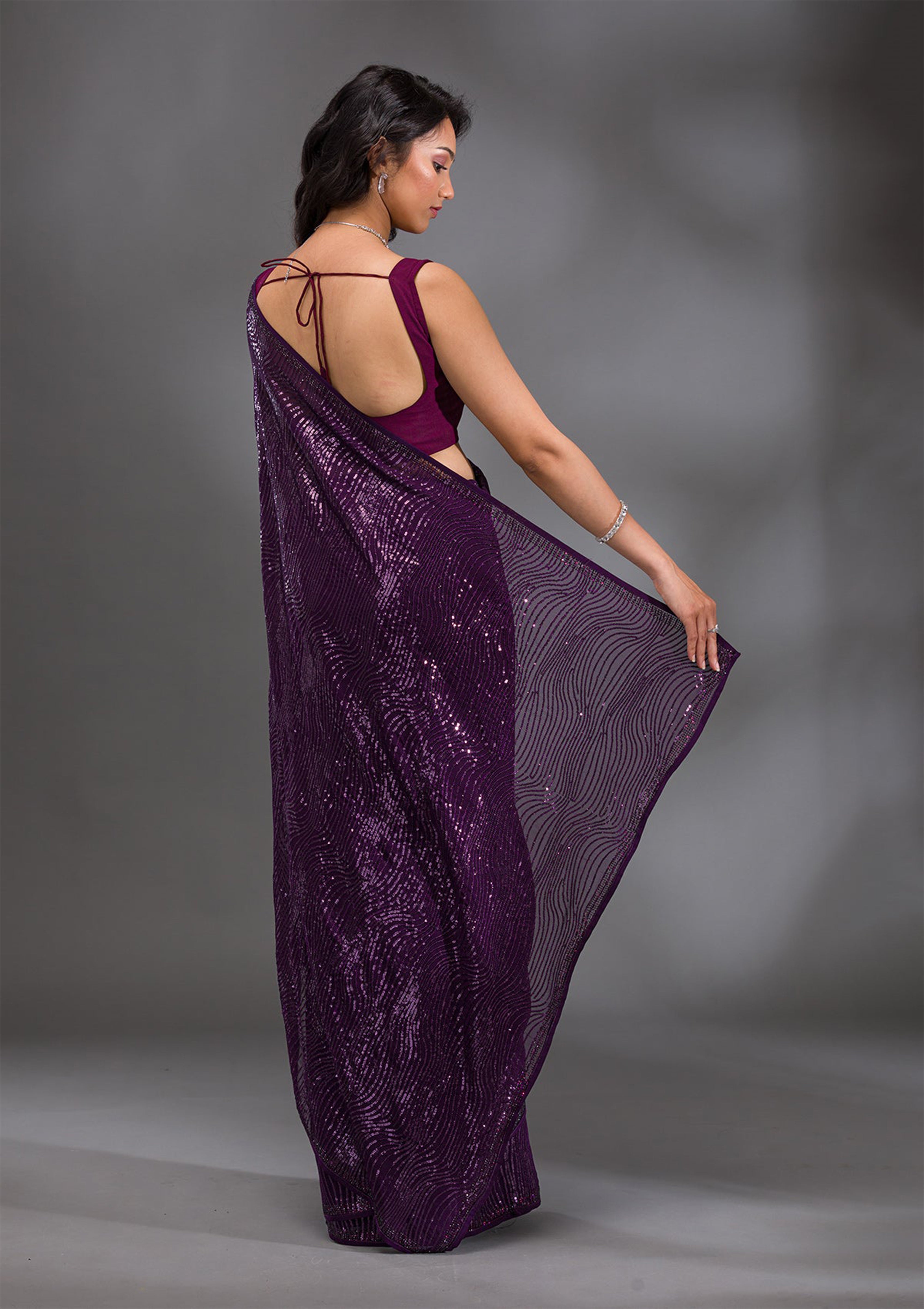 Purple Georgette Sequence Embroidery Work Saree with Unstitch Blouse Piece For Women Trendmalls