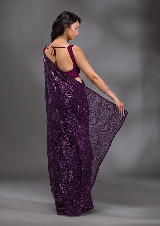 Purple Georgette Sequence Embroidery Work Saree with Unstitch Blouse Piece For Women Trendmalls