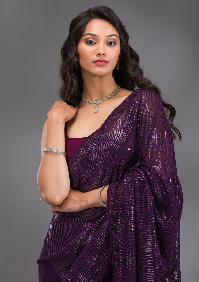 Purple Georgette Sequence Embroidery Work Saree with Unstitch Blouse Piece For Women Trendmalls