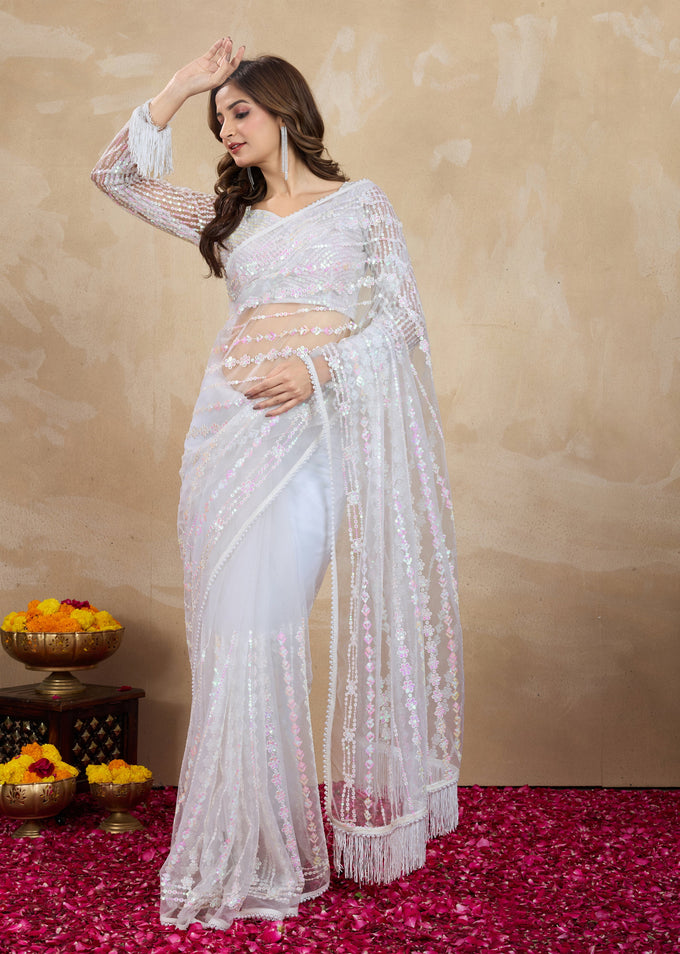 White Net Embroidery Sequin work Saree with Unstitch Blouse Piece Trendmalls