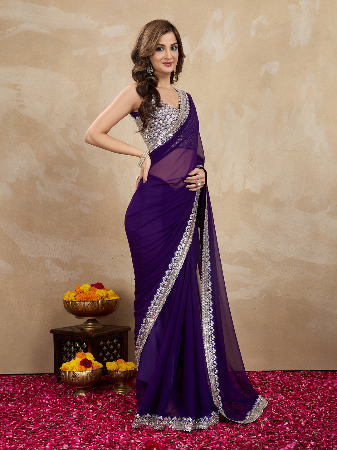 Women's Purple Georgette Embroidery Saree with Unstitched Blouse Piece Trendmalls