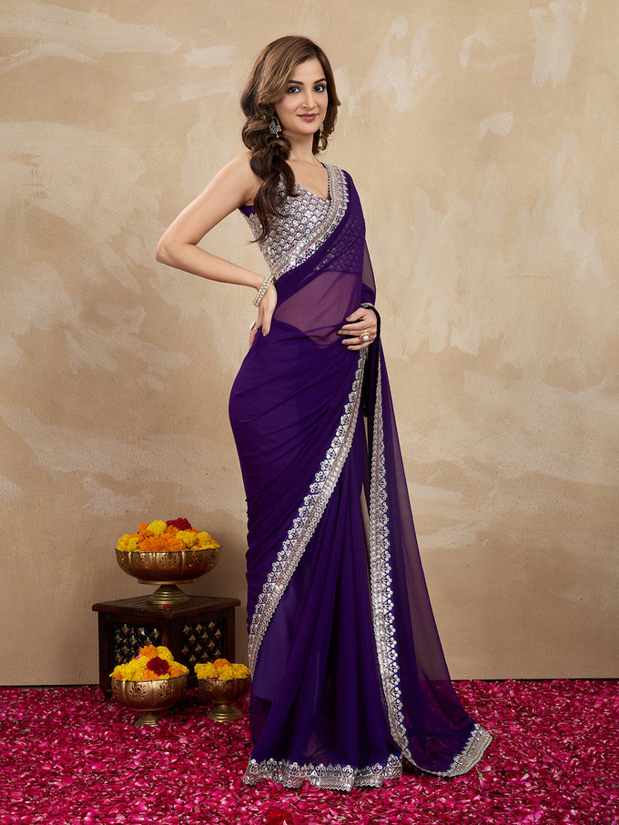 Women's Purple Georgette Embroidery Saree with Unstitched Blouse Piece Trendmalls
