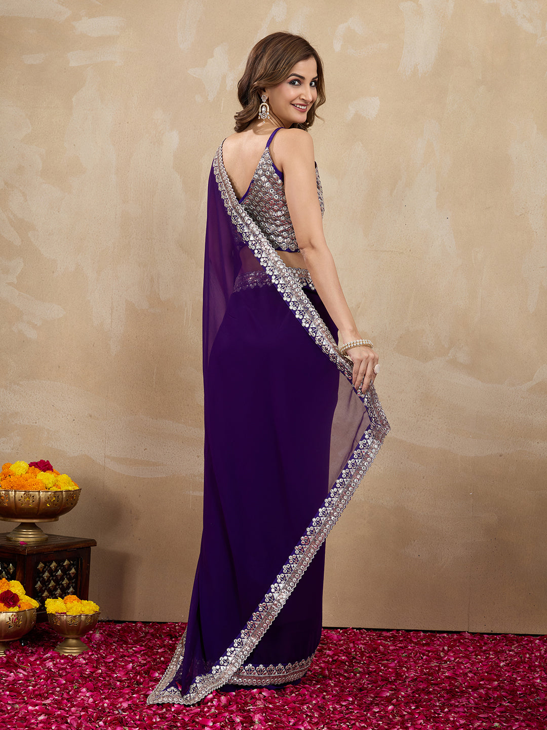 Women's Purple Georgette Embroidery Saree with Unstitched Blouse Piece Trendmalls