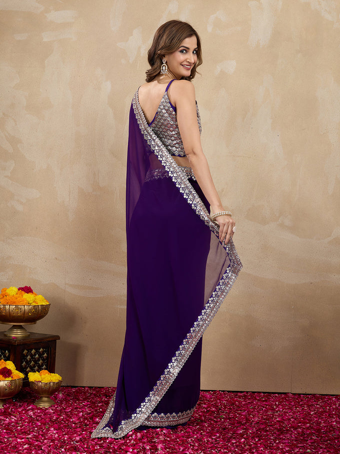 Women's Purple Georgette Embroidery Saree with Unstitched Blouse Piece Trendmalls