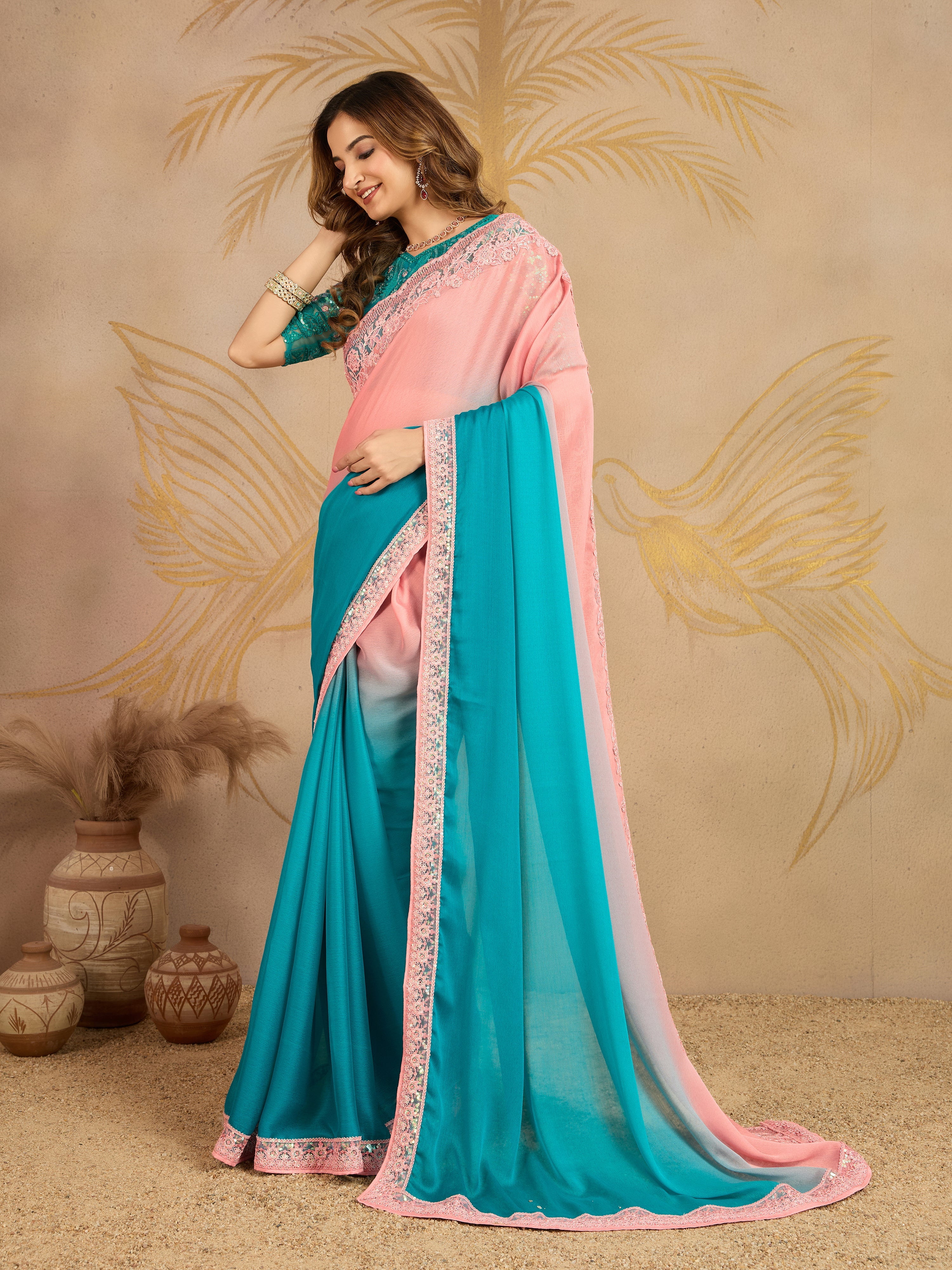 Turquoise Chiffon Embroidery work Ombre Style Saree with Unstitched Blouse Piece For Women's Trendmalls