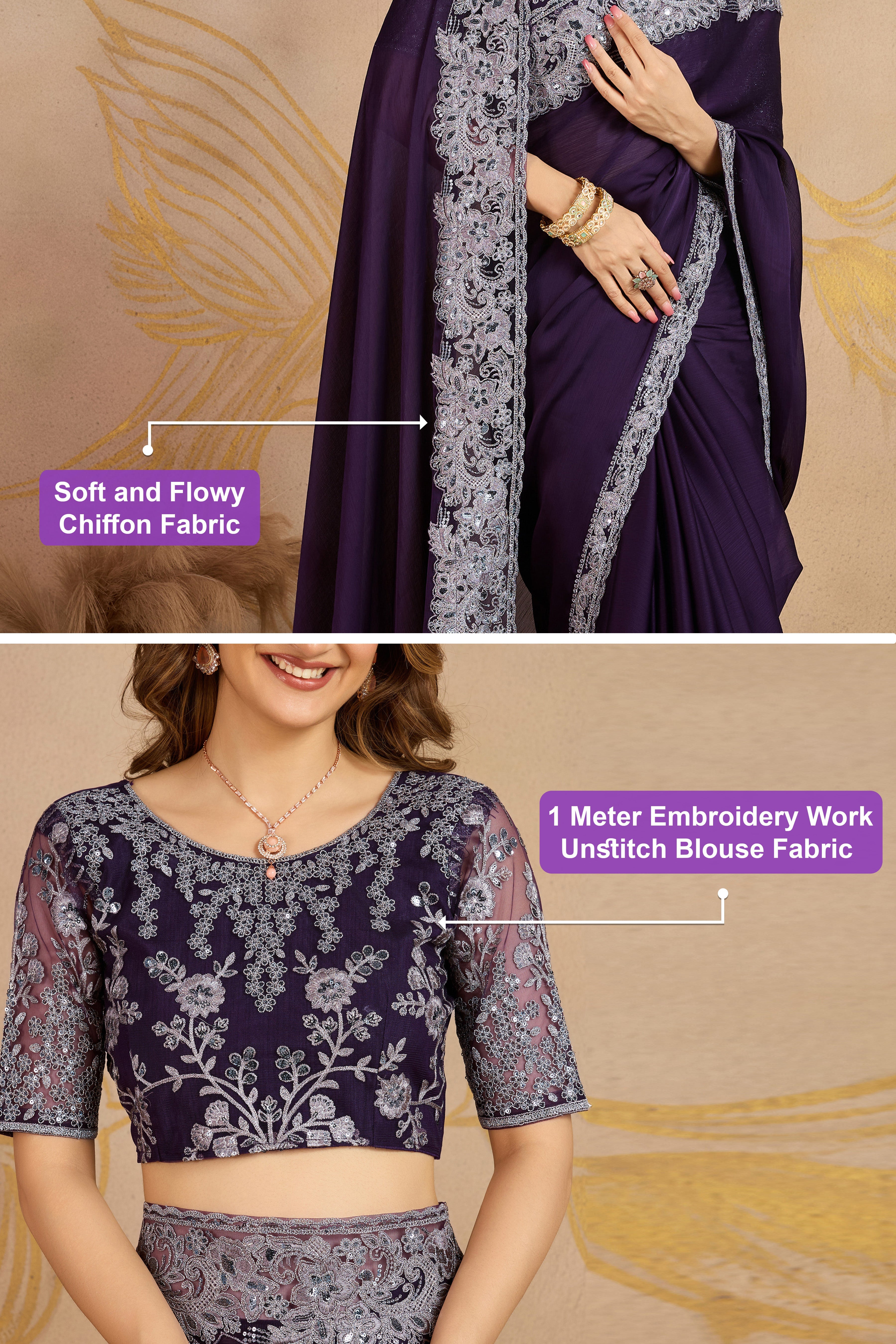 Purple Chiffon Embroidery Saree with Unsttiched Blouse Piece For Women's Trendmalls