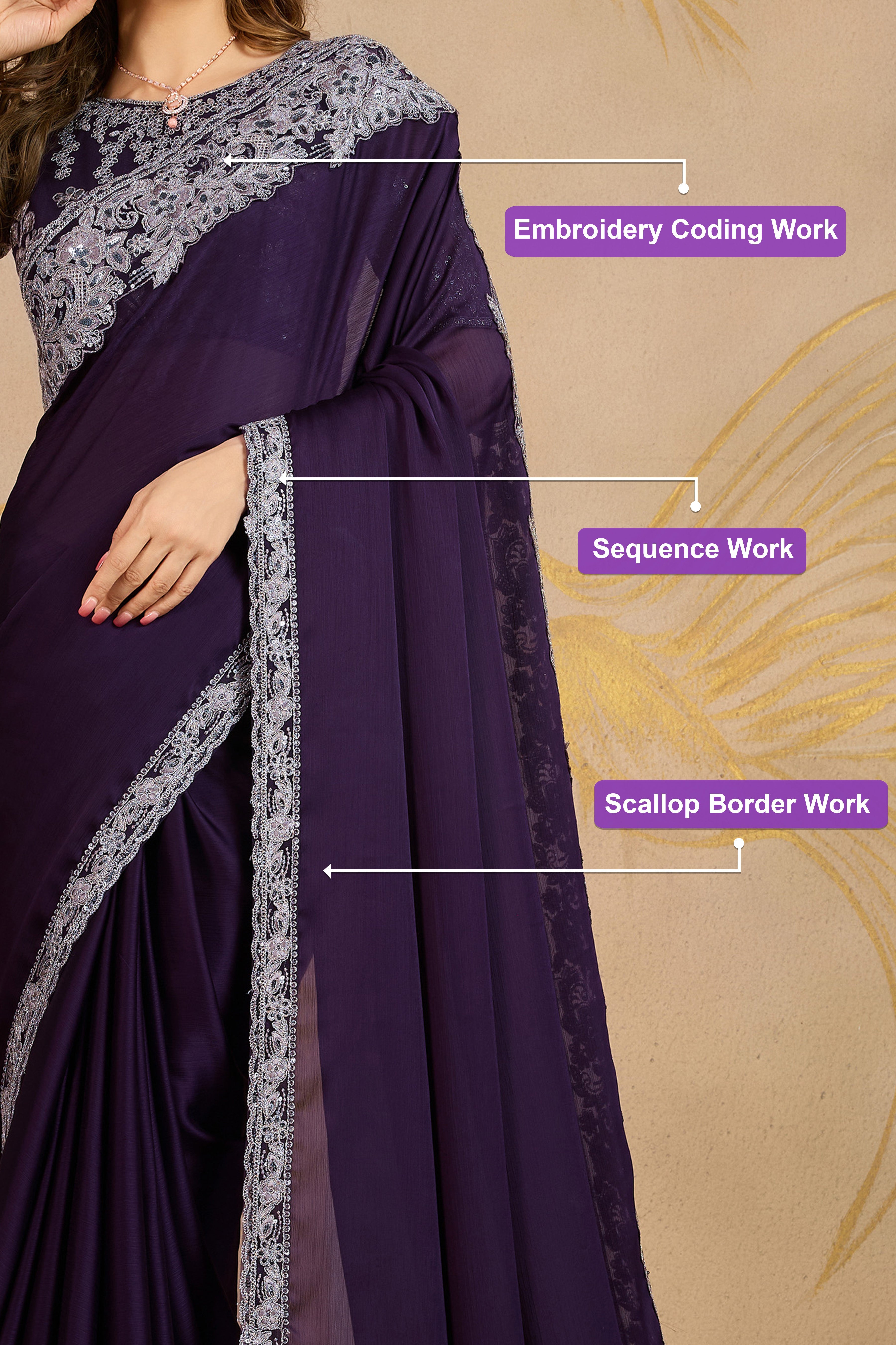 Purple Chiffon Embroidery Saree with Unsttiched Blouse Piece For Women's Trendmalls