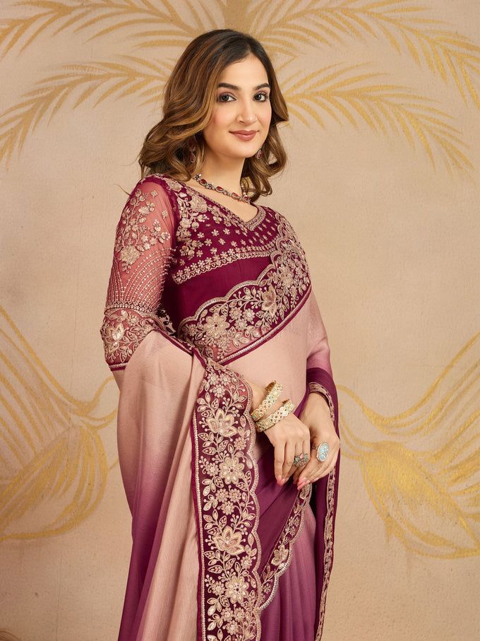 Multicolor Chiffon Embroidery work Ombre Style Saree with Unstitched Blouse Piece Trendmalls
