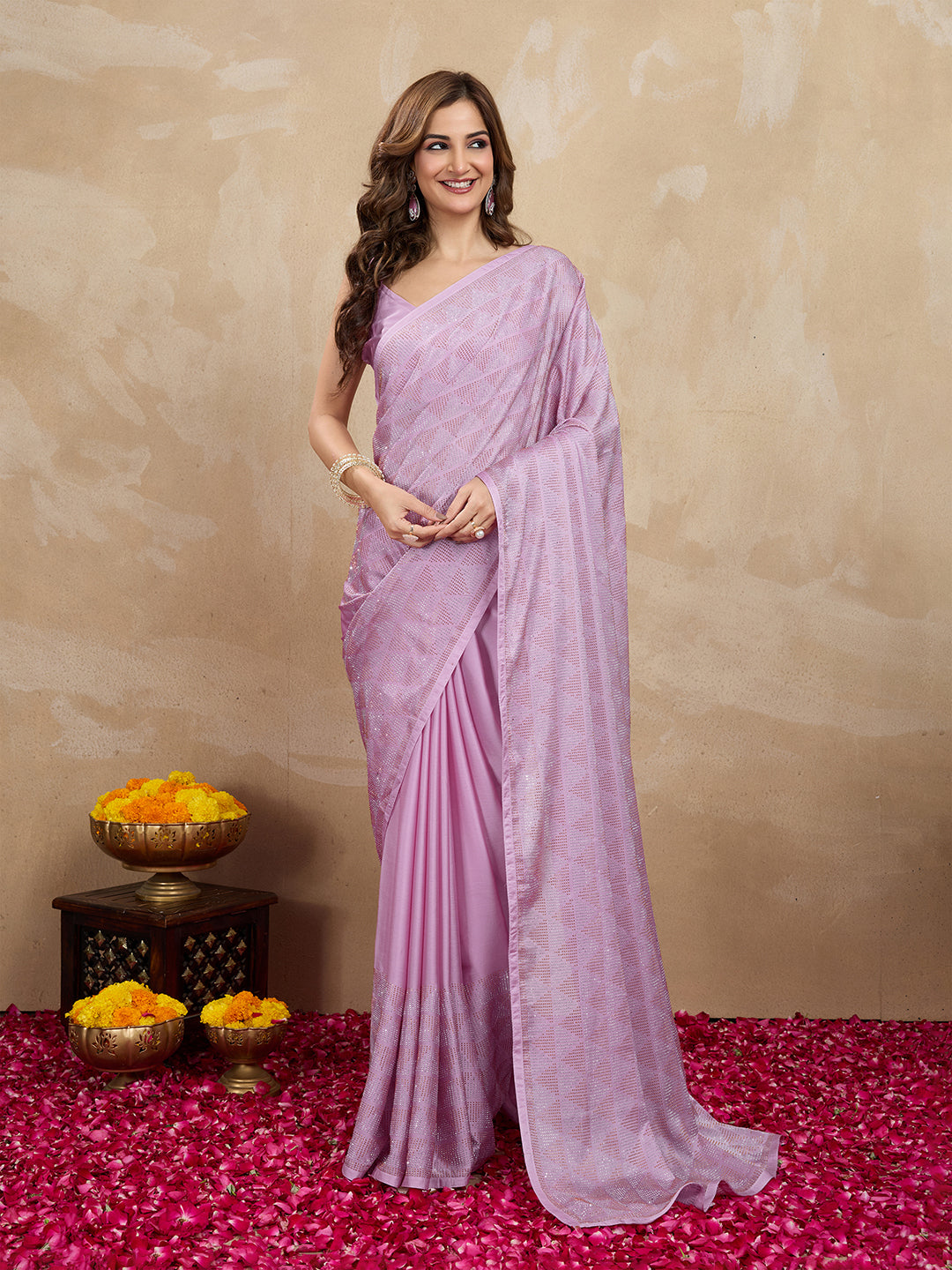 Women's Pink Chiffon Siroski Work with Unstitch Blouse Piece Trendmalls
