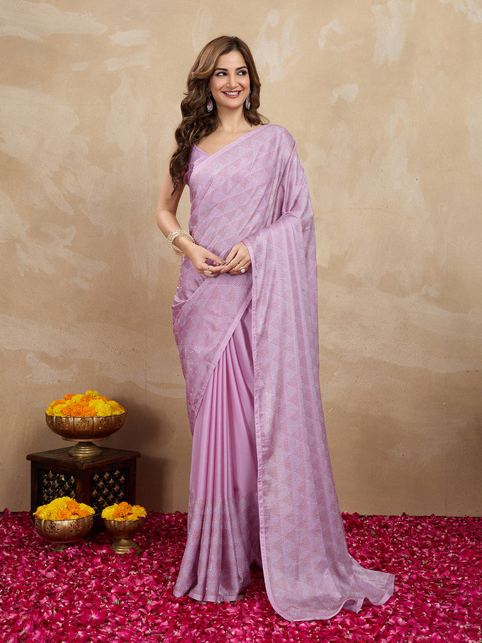 Women's Pink Chiffon Siroski Work with Unstitch Blouse Piece Trendmalls