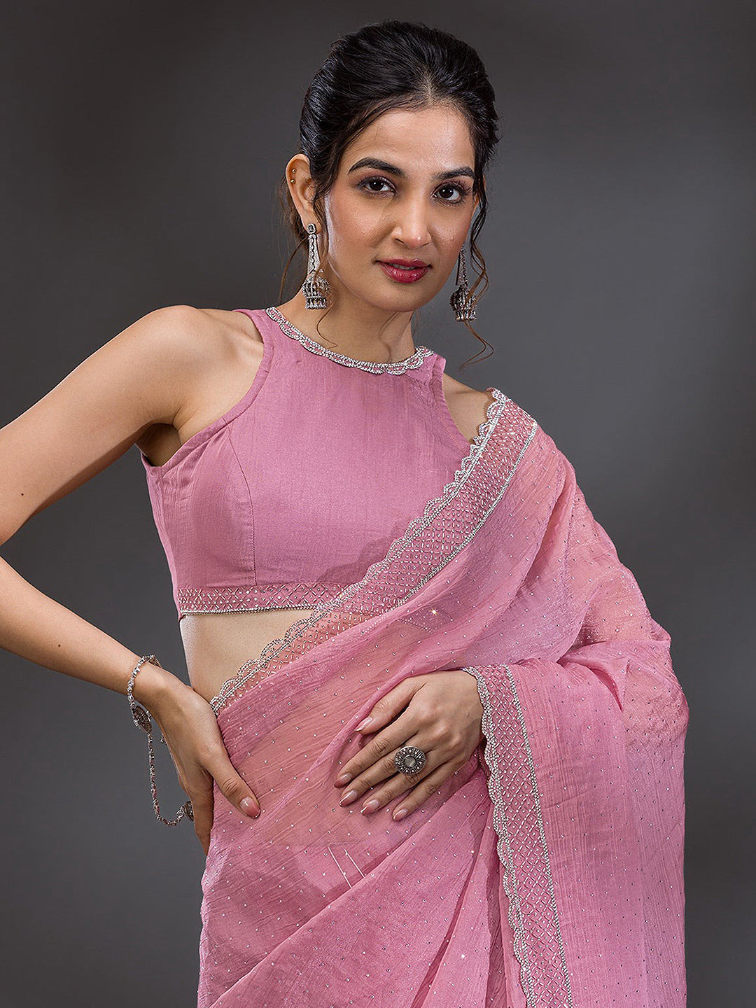 Women's  Pink Art Silk Siroski Work with Unstitch Blouse Piece Trendmalls