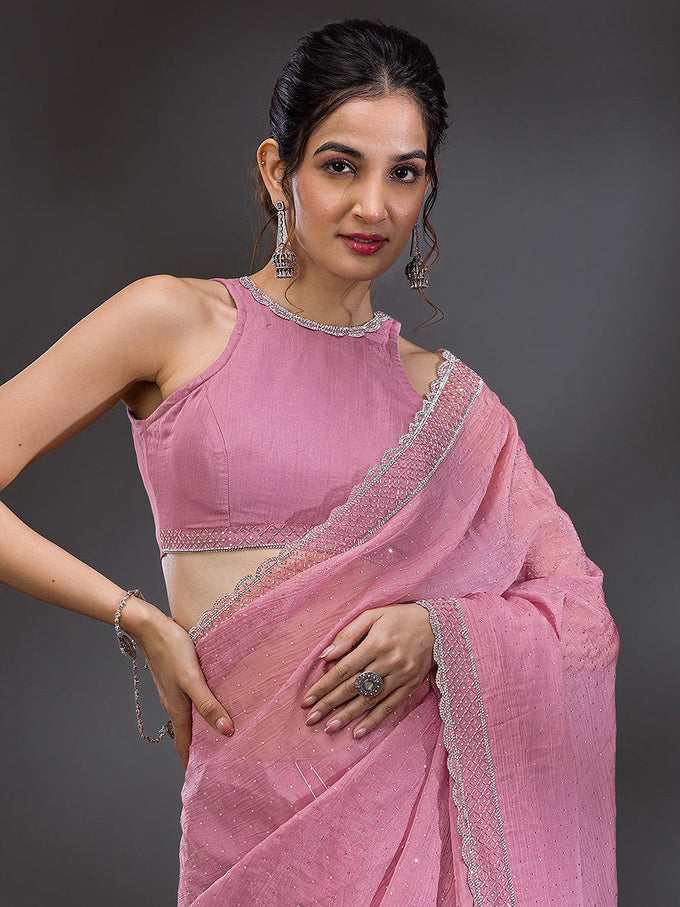 Women's  Pink Art Silk Siroski Work with Unstitch Blouse Piece Trendmalls