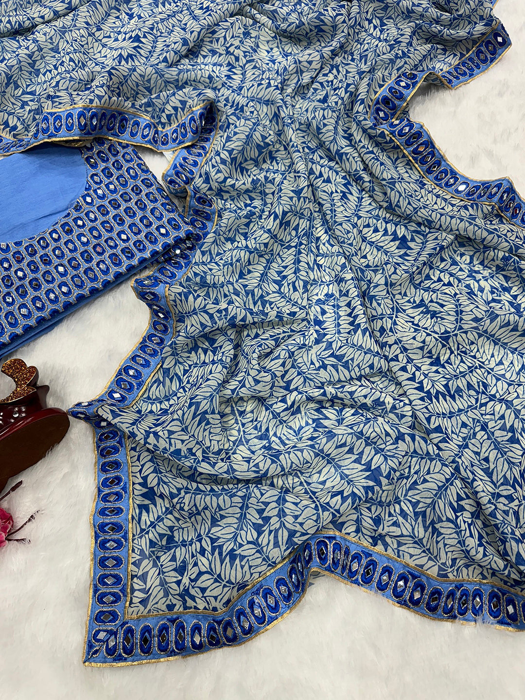 SkyBlue OffWhite Georgette Digital Printed Mirror Work Embroidery Border Saree with Unstitched Blouse Piece For Women's Trendmalls