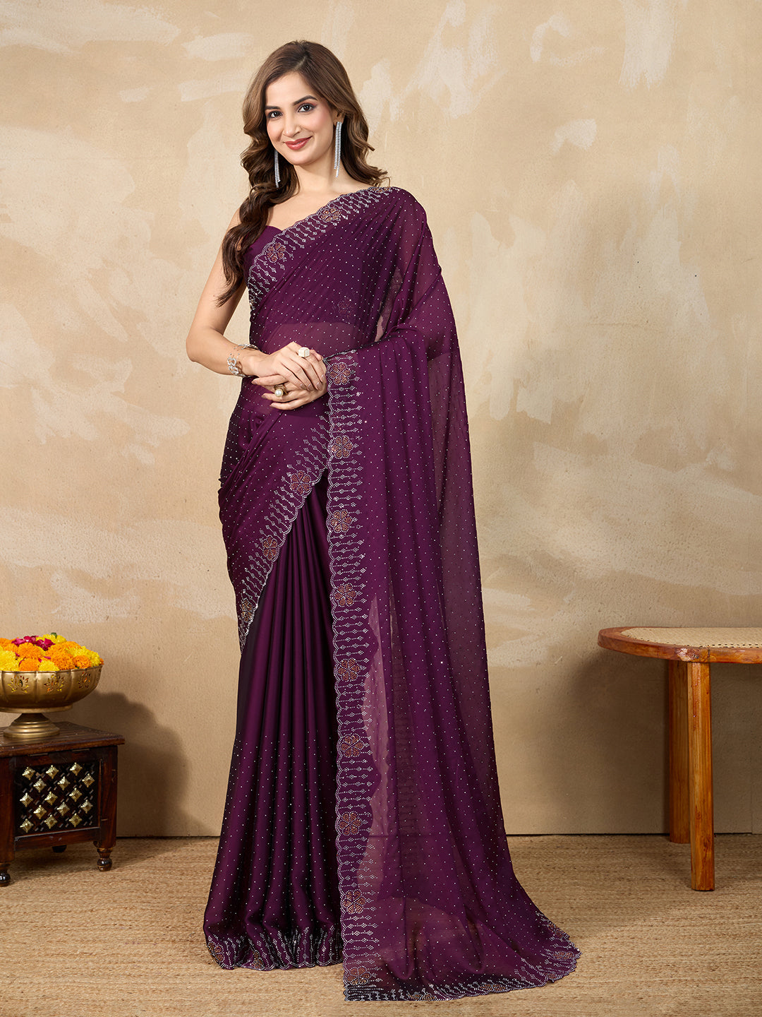 Purple Silk Blend Siroski Work with Unstitch Blouse Piece Trendmalls