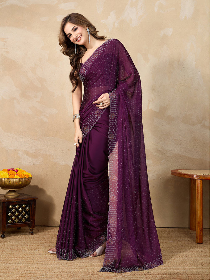 Purple Silk Blend Siroski Work with Unstitch Blouse Piece Trendmalls