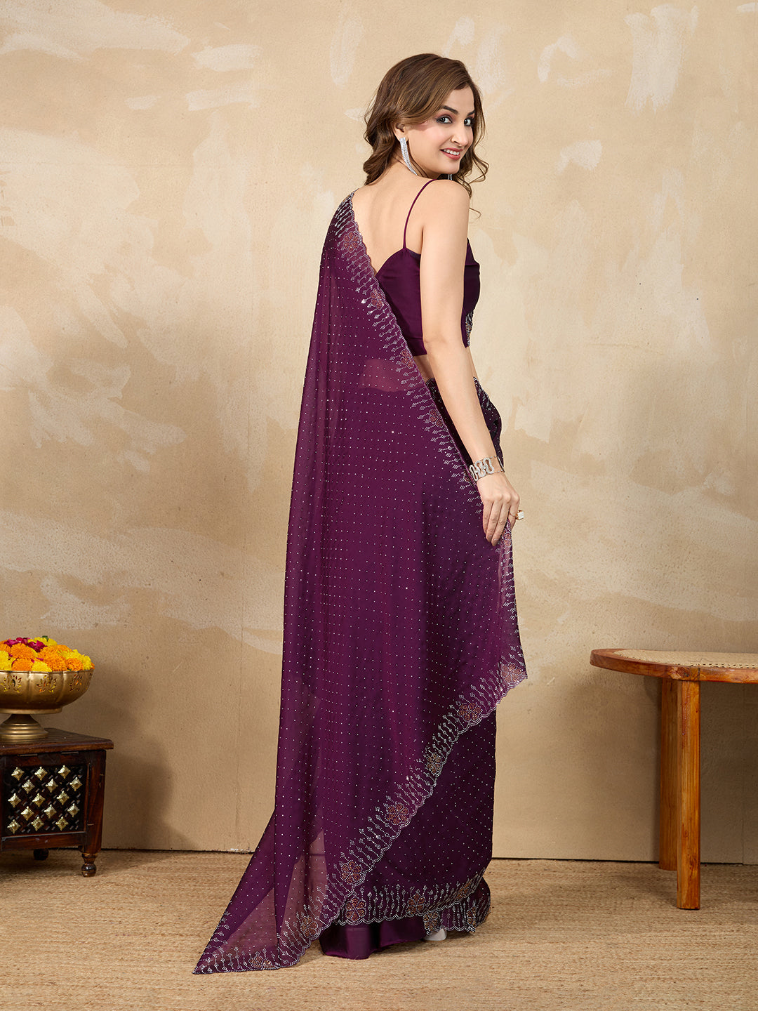 Purple Silk Blend Siroski Work with Unstitch Blouse Piece Trendmalls