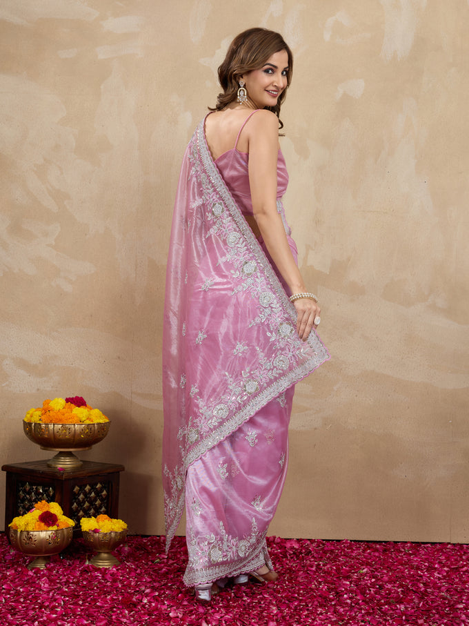 Lightpink Net Embroidery Sequuence Work Saree With Unstitch Blouse Piece