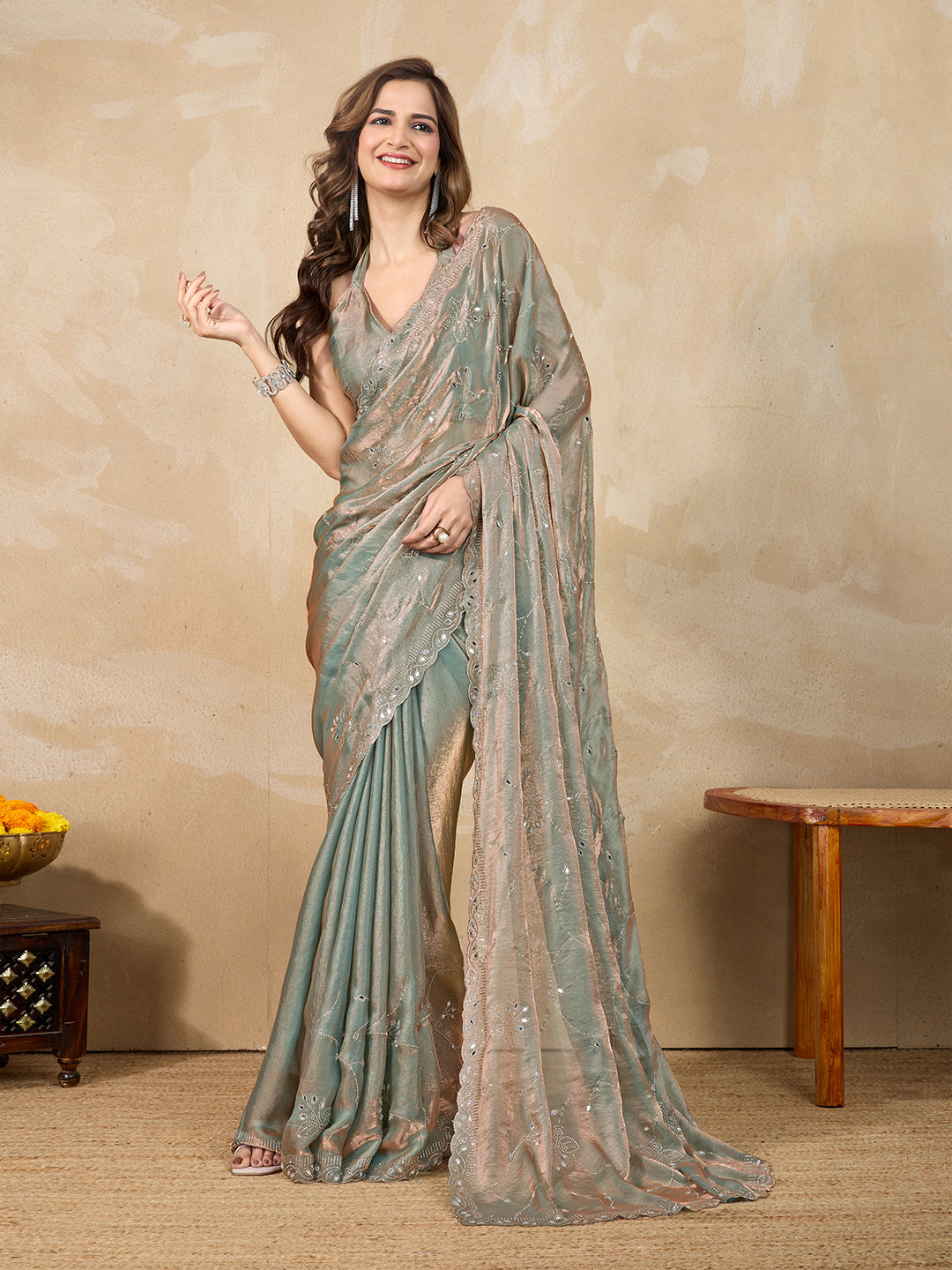 Green Satin Siroski Mirror Work Saree with Unstitch Blouse Piece Trendmalls