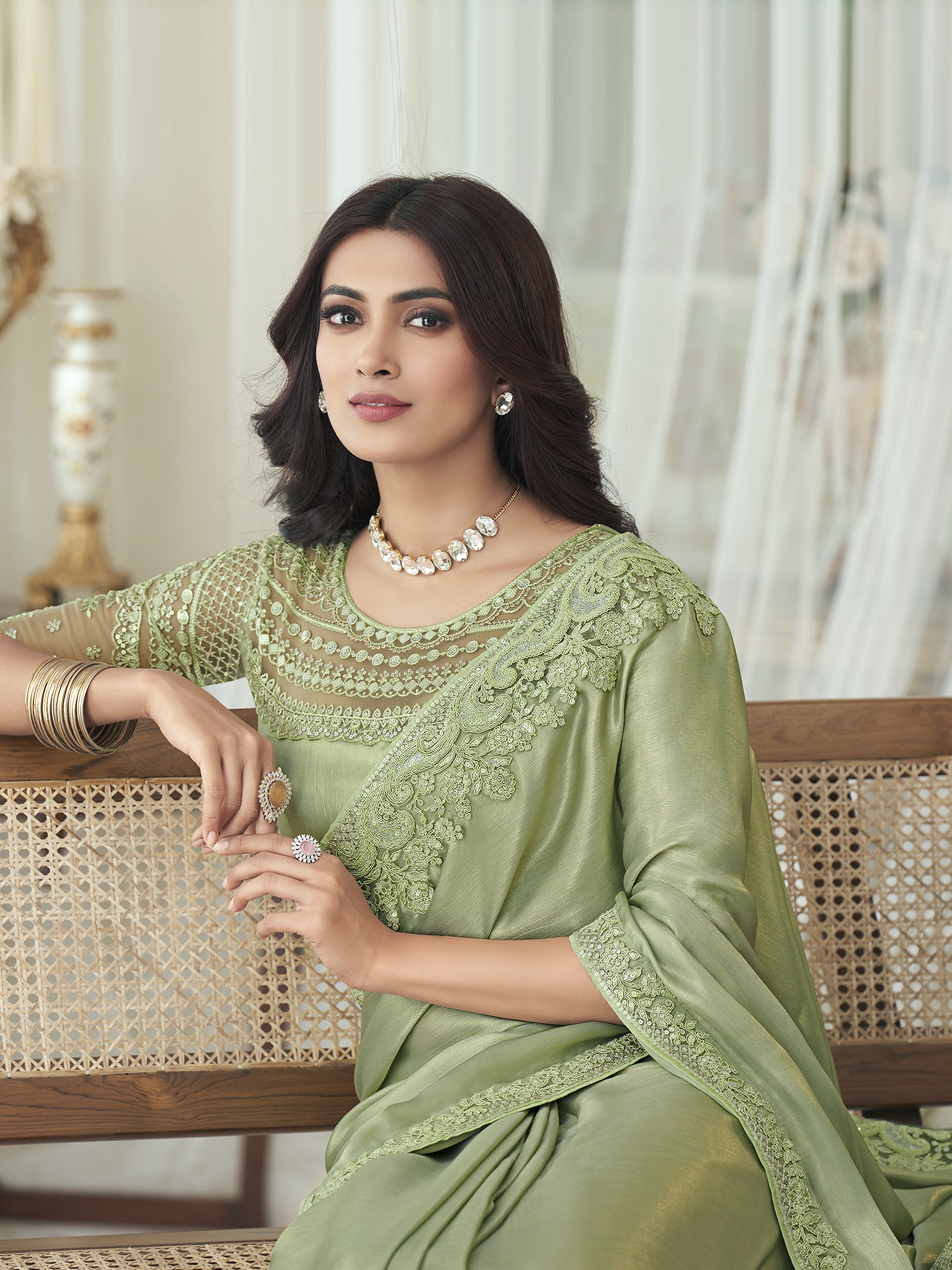 LightGreen Chiffon Embroidery Sequence work Saree with Unstitched Blouse Piece Trendmalls