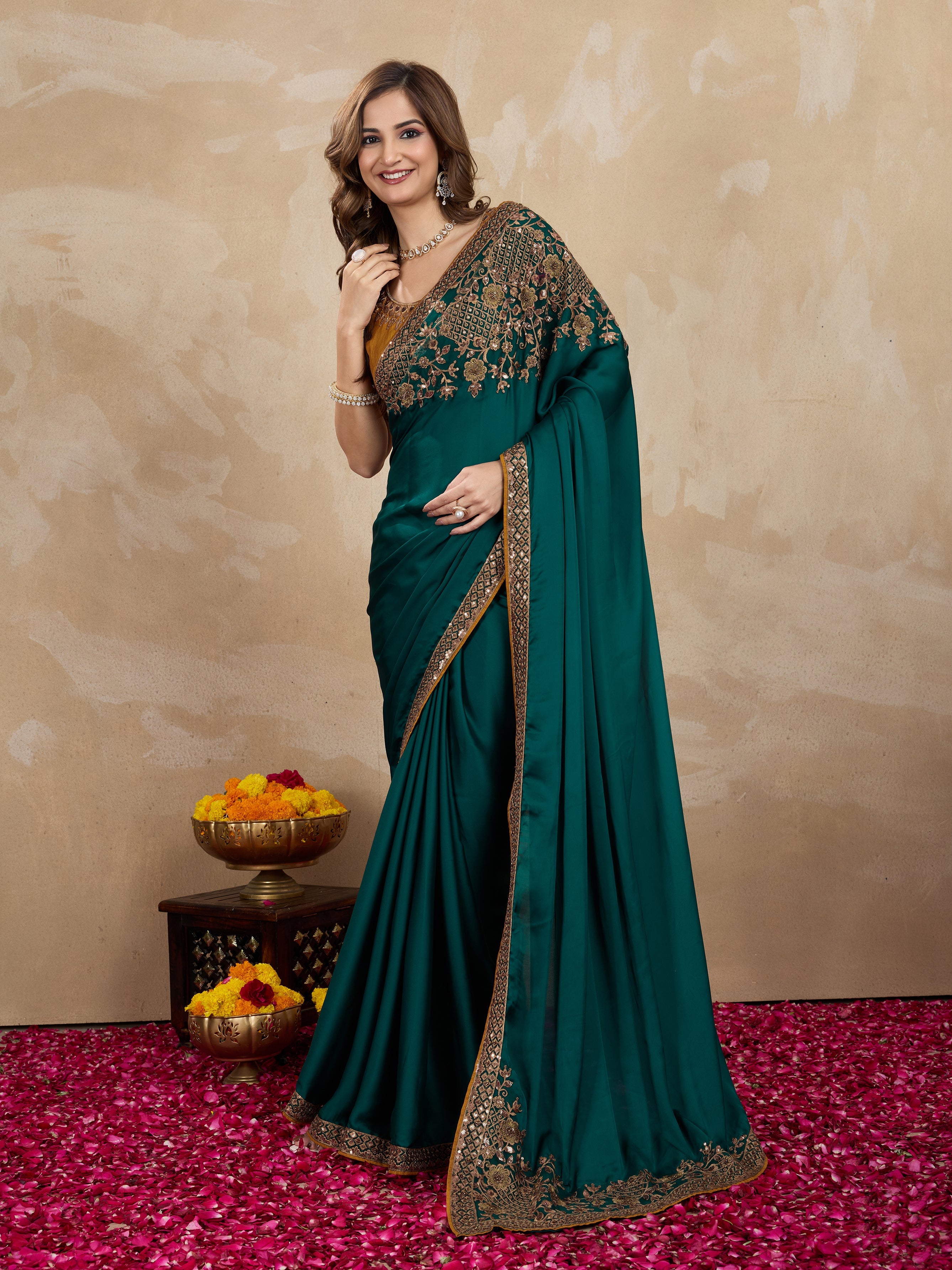 Dark Green Satin Embroidery Work Saree With Unstitched Blouse Piece For Woman's Trendmalls