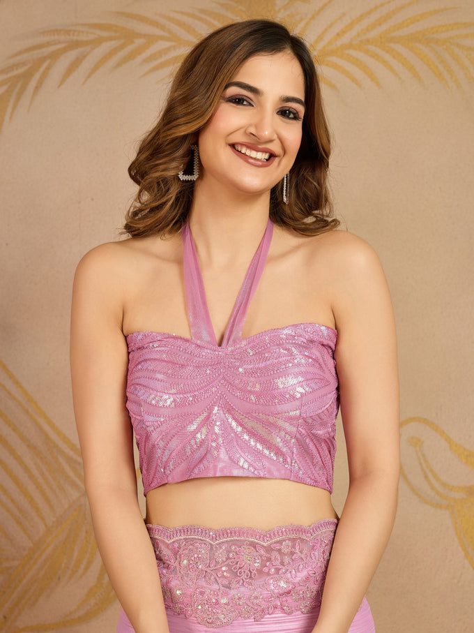 Pink Chiffon Embroidery Sequence work Saree with Unstitched Blouse Piece For Women's Trendmalls