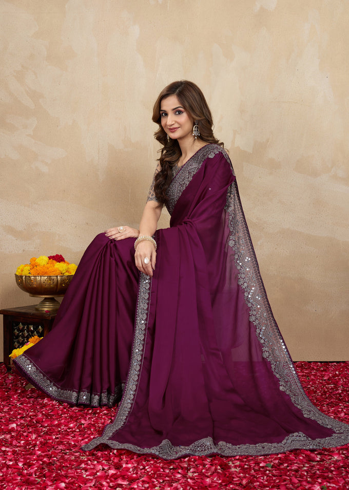 Purple Satin Embroidery Work Saree With Unstitched Blouse Piece For Woman's Trendmalls