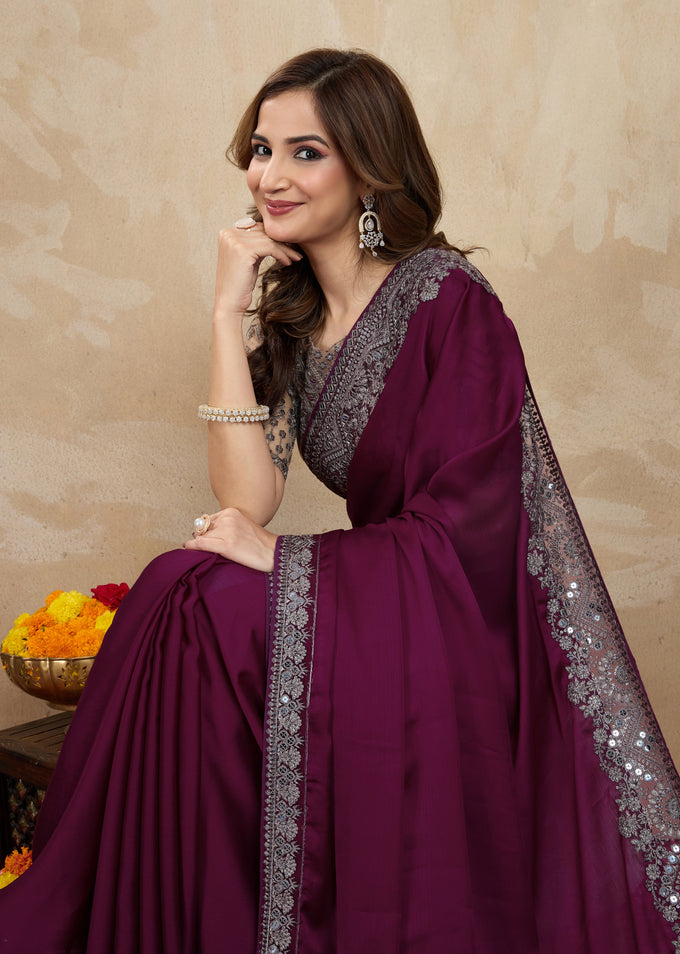 Purple Satin Embroidery Work Saree With Unstitched Blouse Piece For Woman's Trendmalls