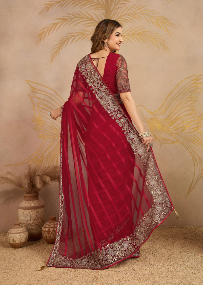 Red Chiffon Embroidery Saree with Unsttiched Blouse Piece For Women's Trendmalls