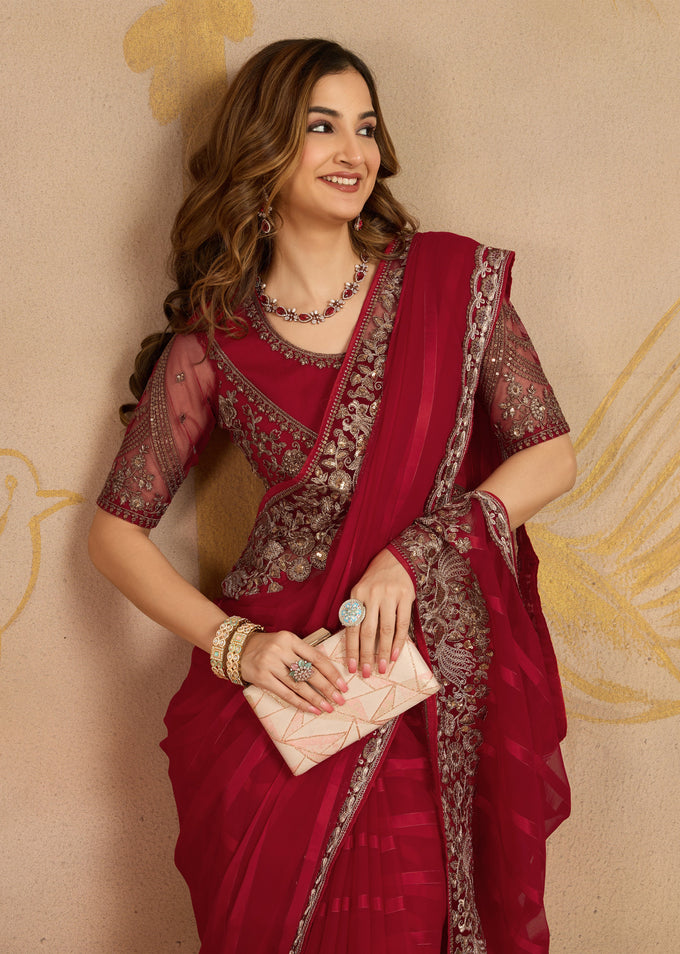 Red Chiffon Embroidery Saree with Unsttiched Blouse Piece For Women's Trendmalls