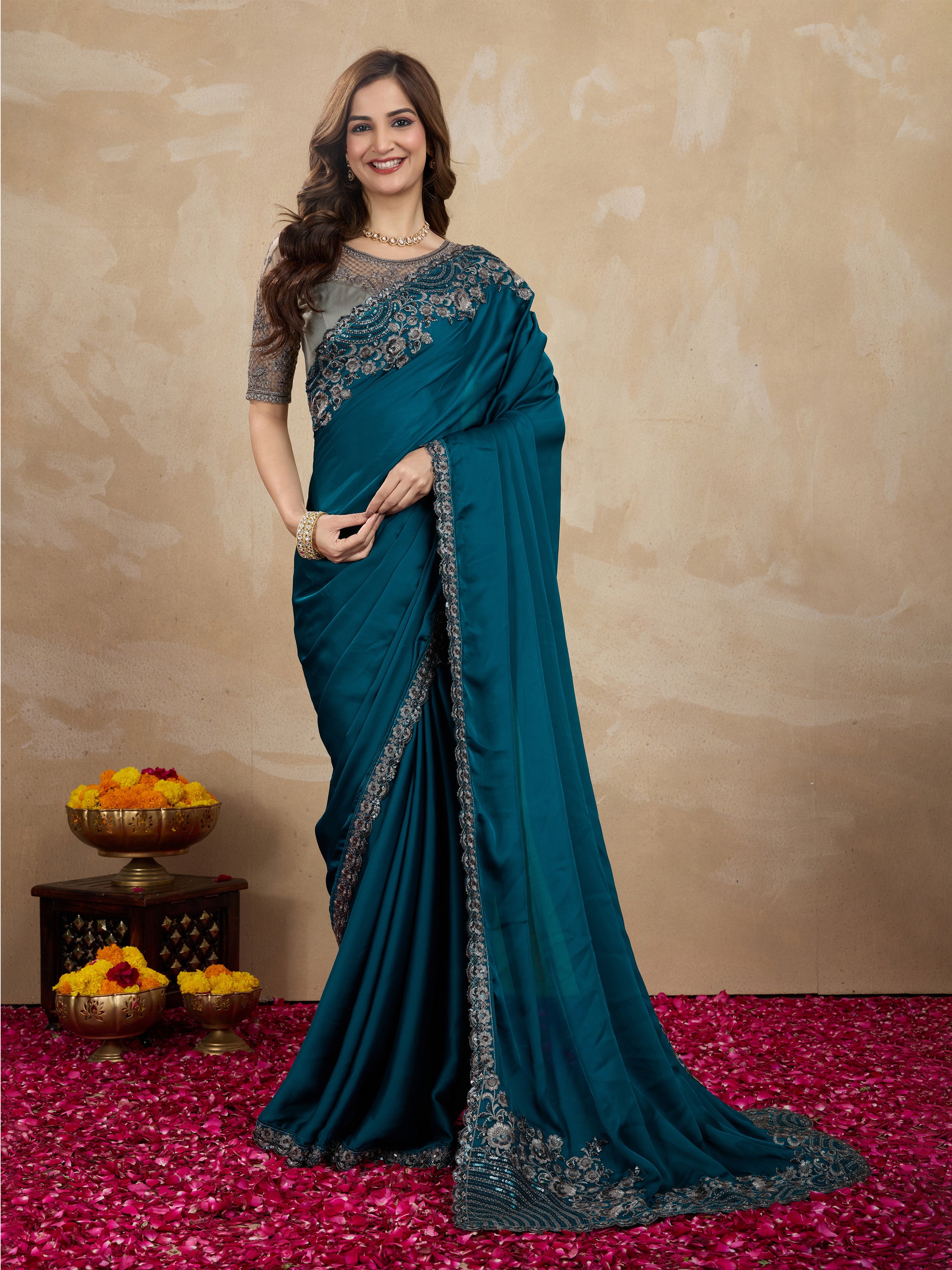 Morpeach Art Silk Embrodeiry Work Saree with Unstitch Blouse Piece Trendmalls