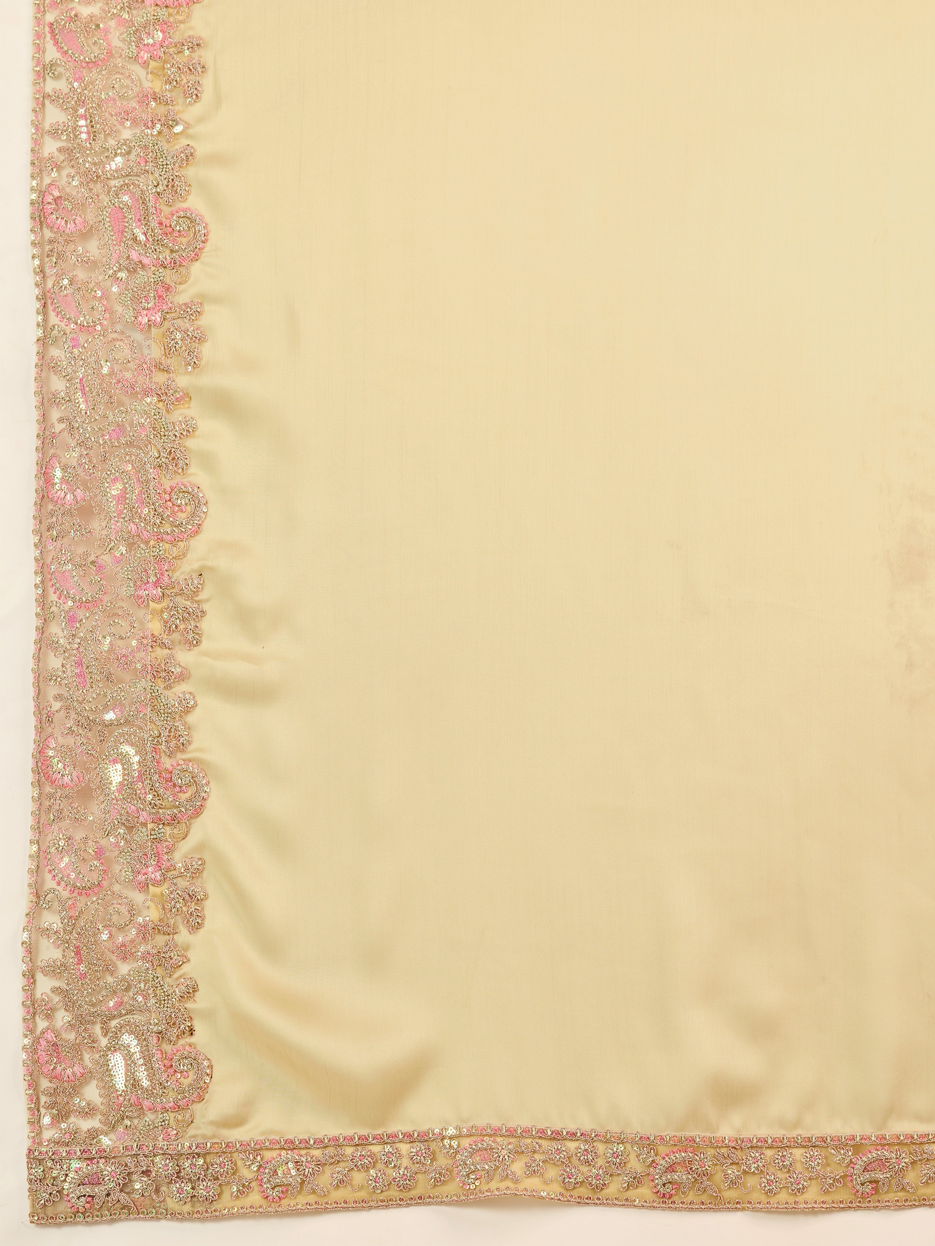 Beige Satin Embroidery work Saree with Unstitched Blouse Piece For Women's Trendmalls