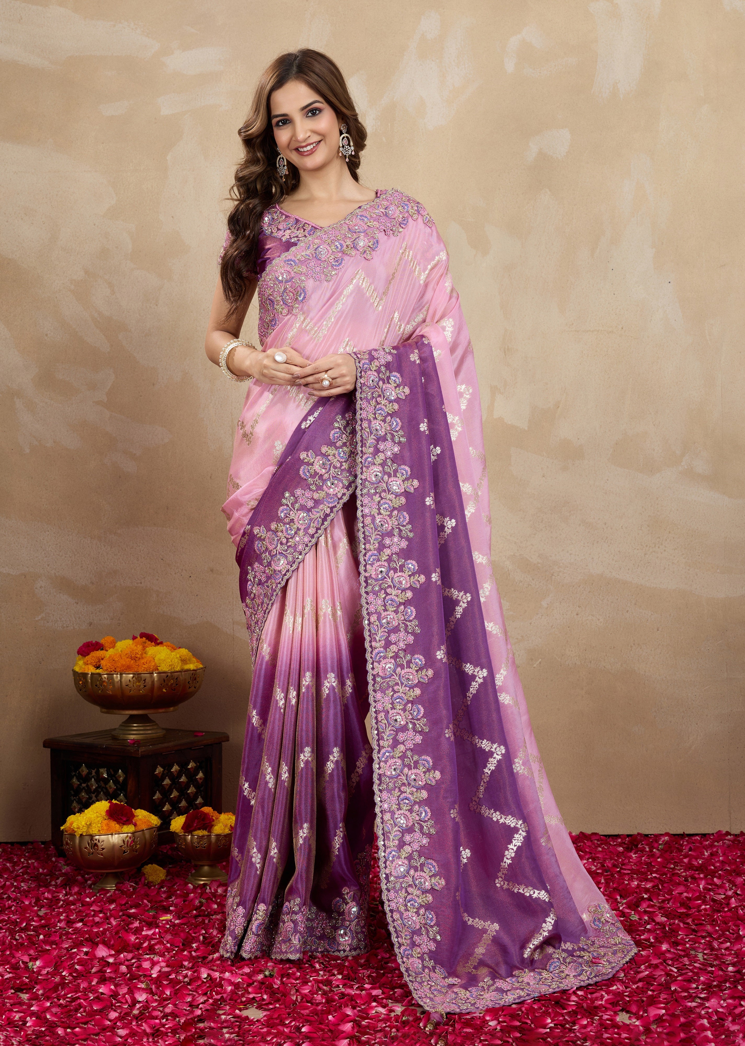 Purple Jecquard Silk Embroidery Work Saree With Unstitched Blouse Piece Trendmalls
