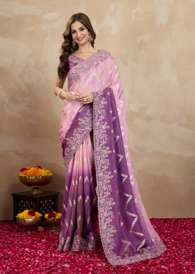 Purple Jecquard Silk Embroidery Work Saree With Unstitched Blouse Piece Trendmalls