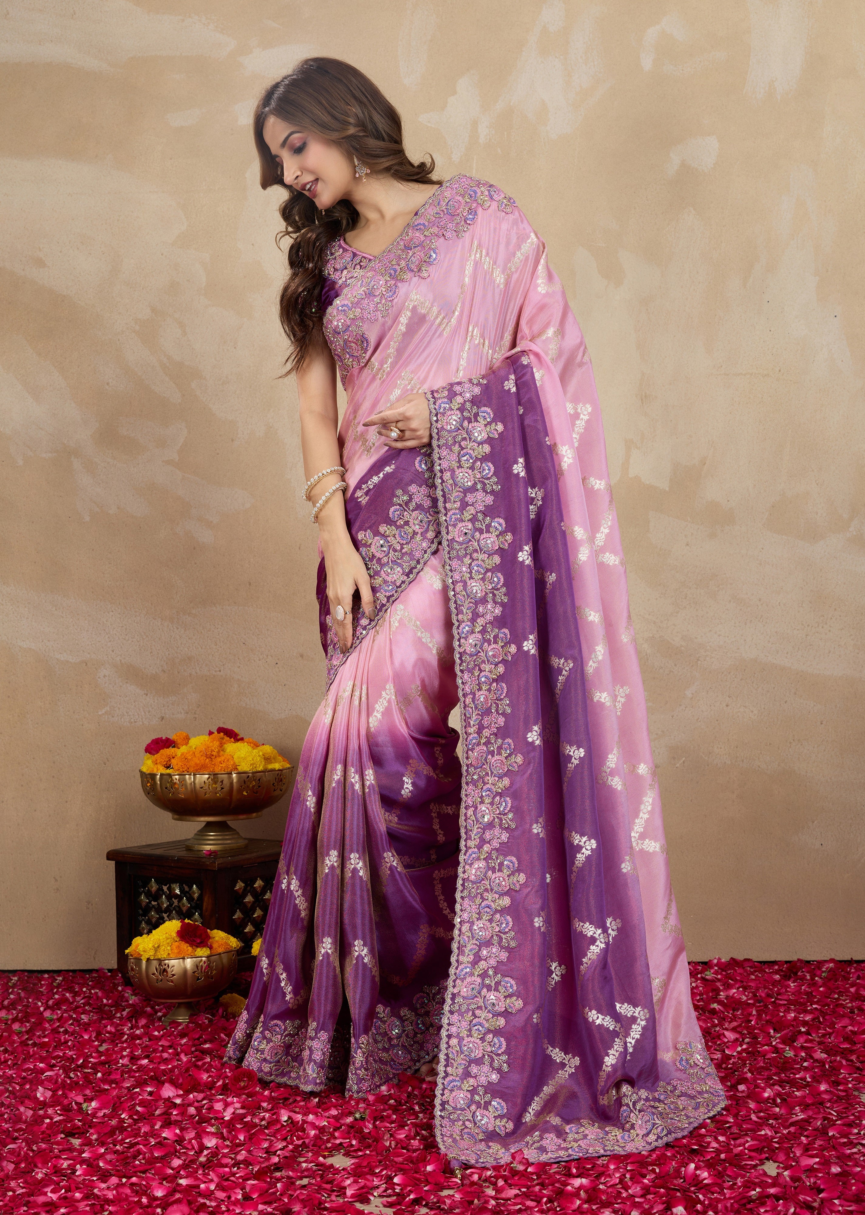 Purple Jecquard Silk Embroidery Work Saree With Unstitched Blouse Piece Trendmalls