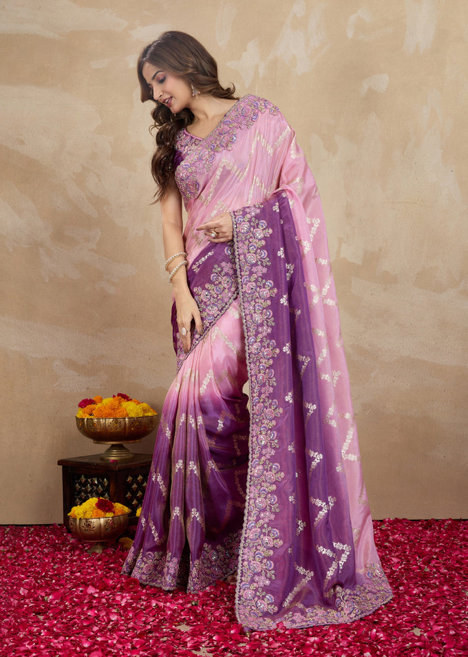 Purple Jecquard Silk Embroidery Work Saree With Unstitched Blouse Piece Trendmalls