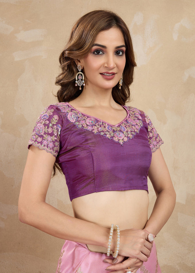 Purple Jecquard Silk Embroidery Work Saree With Unstitched Blouse Piece Trendmalls