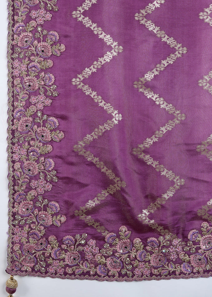 Purple Jecquard Silk Embroidery Work Saree With Unstitched Blouse Piece Trendmalls