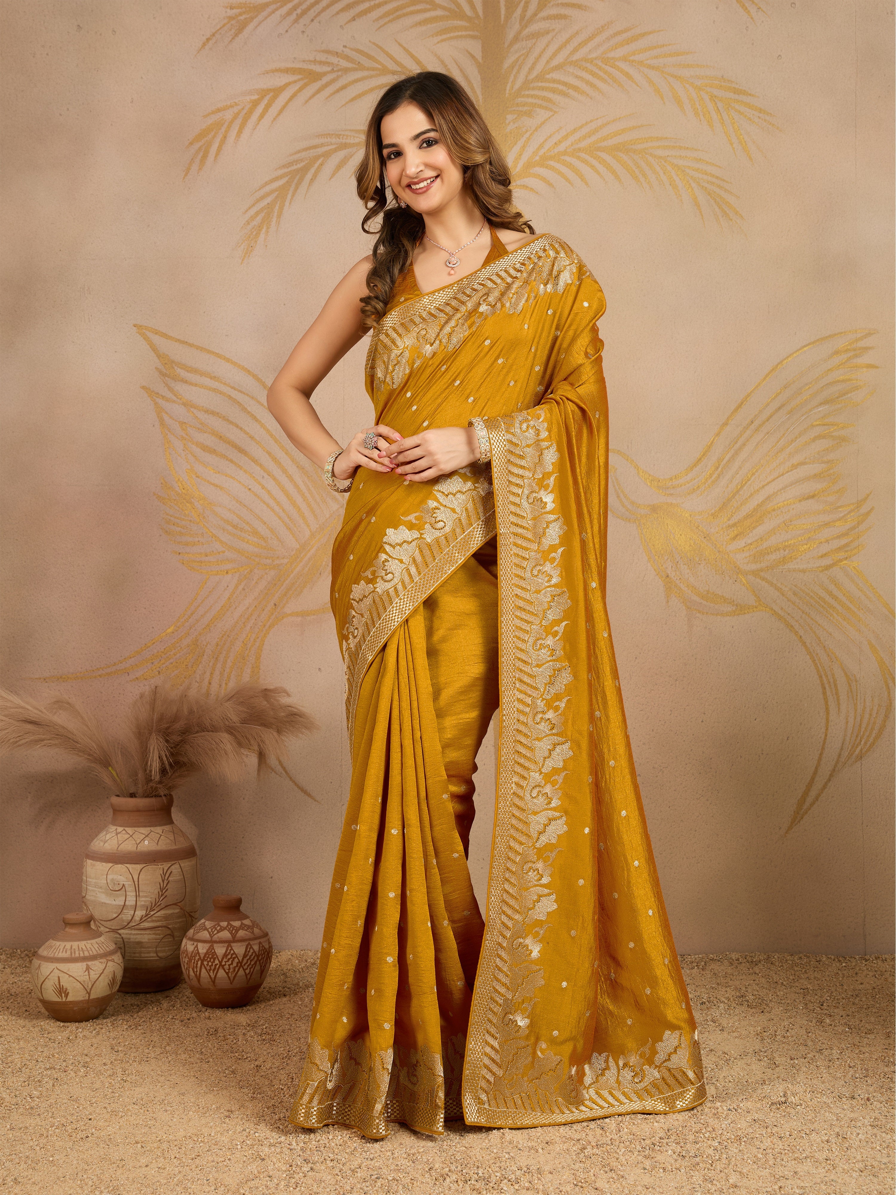 Yellow Art Silk Embroidery Work Saree With Unstitched Blouse Piece For Woman's Trendmalls