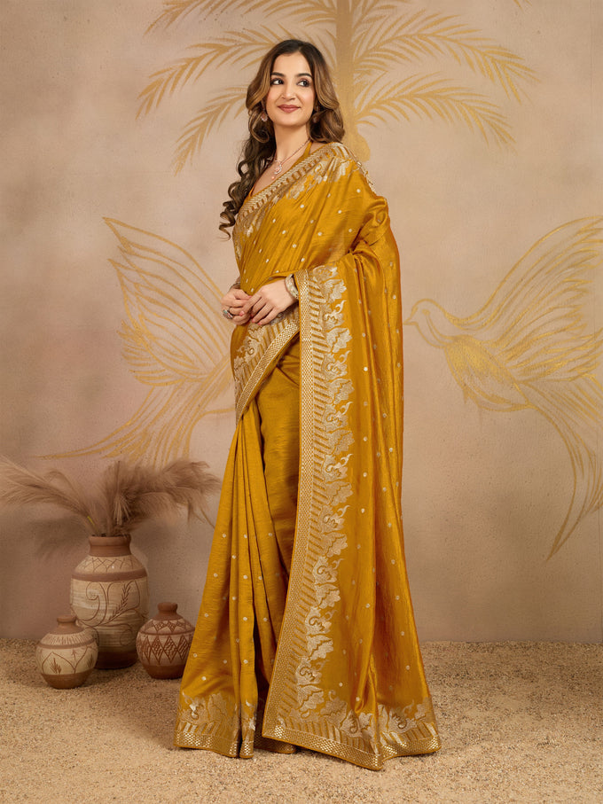 Yellow Art Silk Embroidery Work Saree With Unstitched Blouse Piece For Woman's Trendmalls