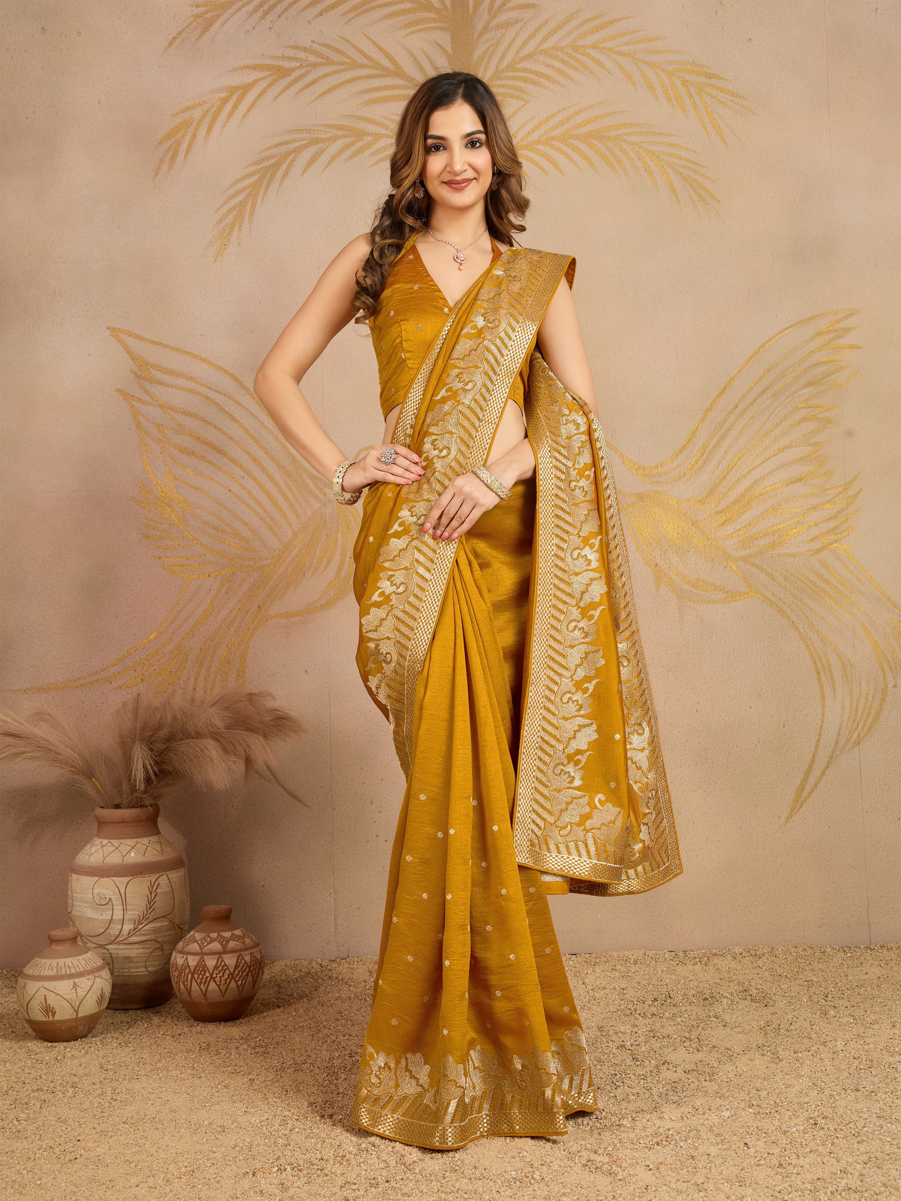 Yellow Art Silk Embroidery Work Saree With Unstitched Blouse Piece For Woman's Trendmalls