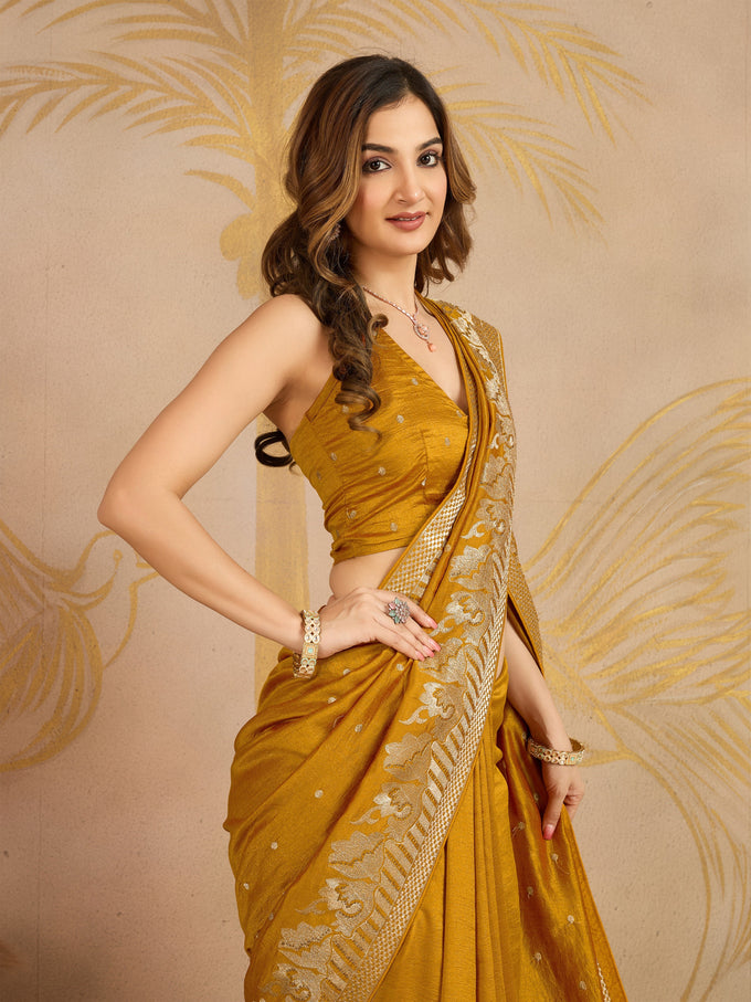 Yellow Art Silk Embroidery Work Saree With Unstitched Blouse Piece For Woman's Trendmalls