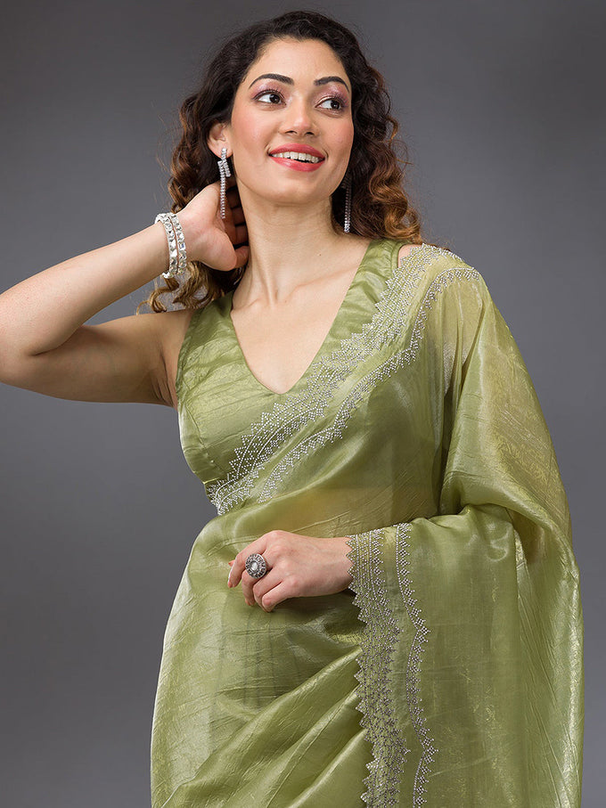 Women's Tussar Silk Siroski Work Saree with Unstitch Blouse Piece Trendmalls