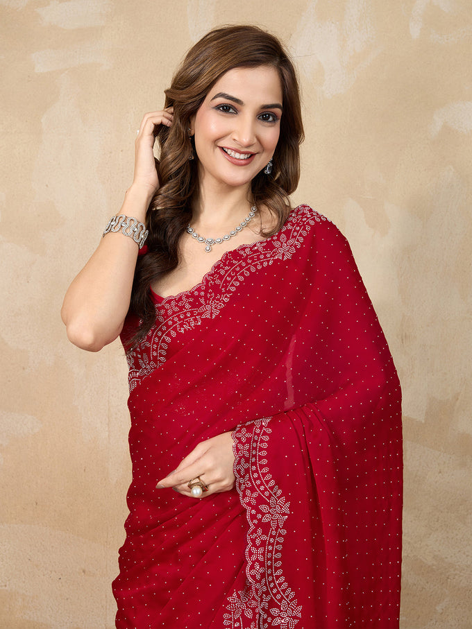 Red Satin Siroski Work Saree with Unstitch Blouse Piece For Women's Trendmalls