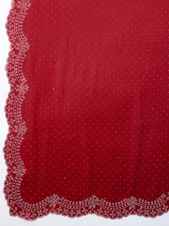 Red Satin Siroski Work Saree with Unstitch Blouse Piece For Women's Trendmalls